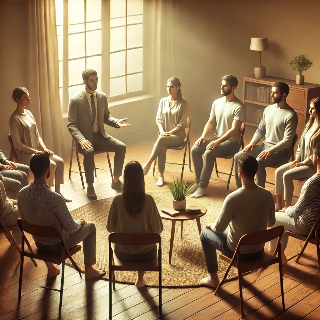 DALL·E 2024-10-01 15.53.42 - A realistic image of a group therapy session focused on past life regression (PLR) therapy. Several people are sitting in a circle, each in a relaxed,