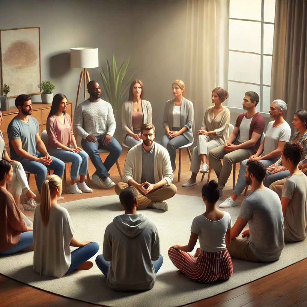 DALL·E 2024-10-01 15.54.30 - A realistic image of a diverse group therapy session focused on past life regression (PLR) therapy. The participants, seated in a circle, represent a