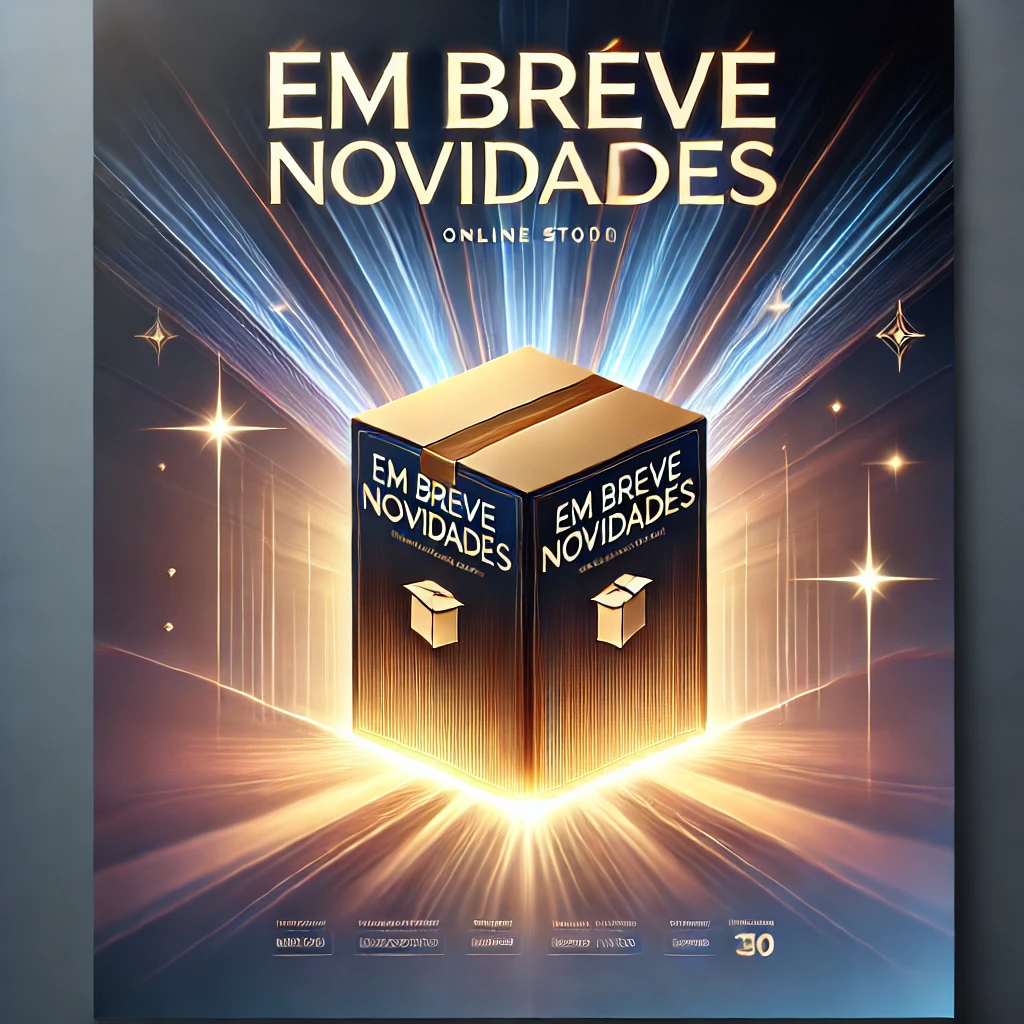 DALL·E 2025-01-12 19.55.34 - A visually striking and motivational image for an online store announcement in Portuguese with the text 'EM BREVE Novidades' prominently displayed. Th